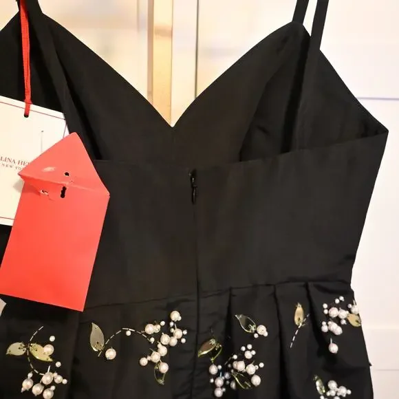 NWT: Carolina Herrera Embellished Pleated Silk-Faille Midi Dress - Picture 9 of 16